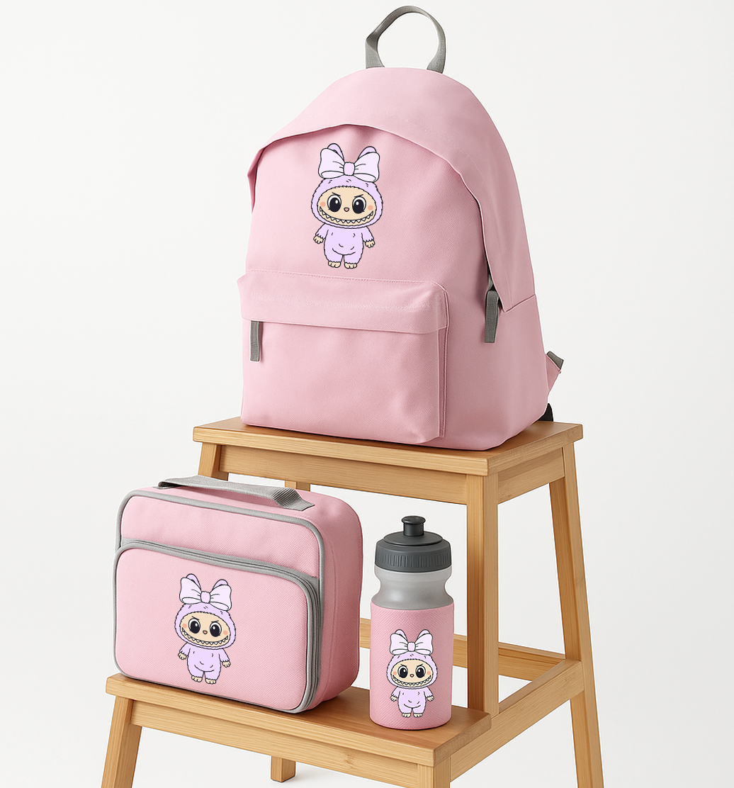 Back to School Labubu Style - Backpack Lunch Box Water Bottle - Baby Pink Set