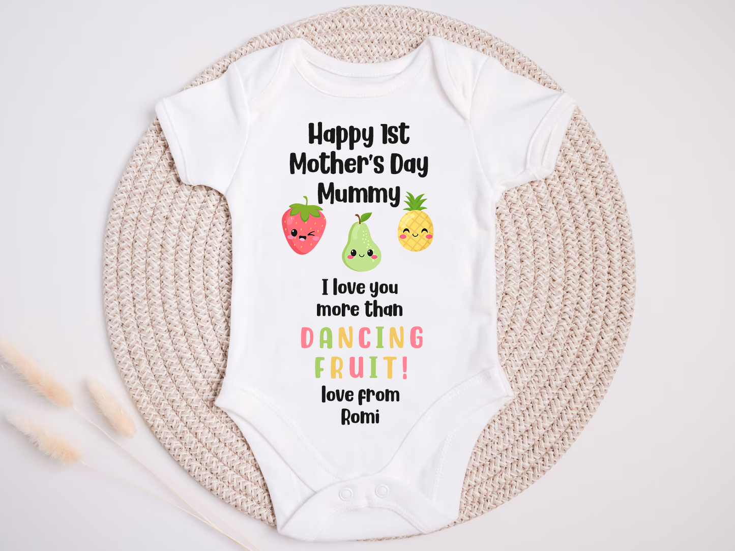 Personalised 1st Mother's Day - I love you more than Dancing Fruit Mummy Baby Vest/Sleepsuit