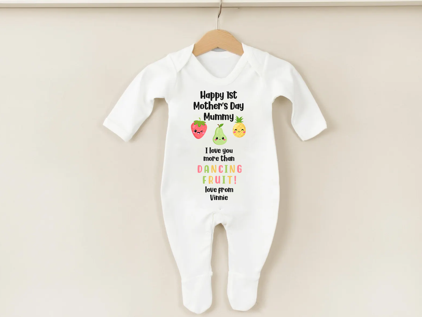 Personalised 1st Mother's Day - I love you more than Dancing Fruit Mummy Baby Vest/Sleepsuit