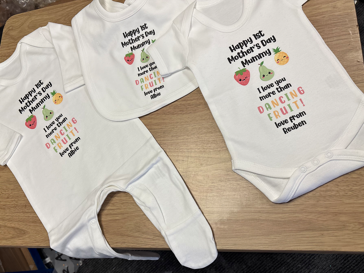 Personalised 1st Mother's Day - I love you more than Dancing Fruit Mummy Baby Vest/Sleepsuit