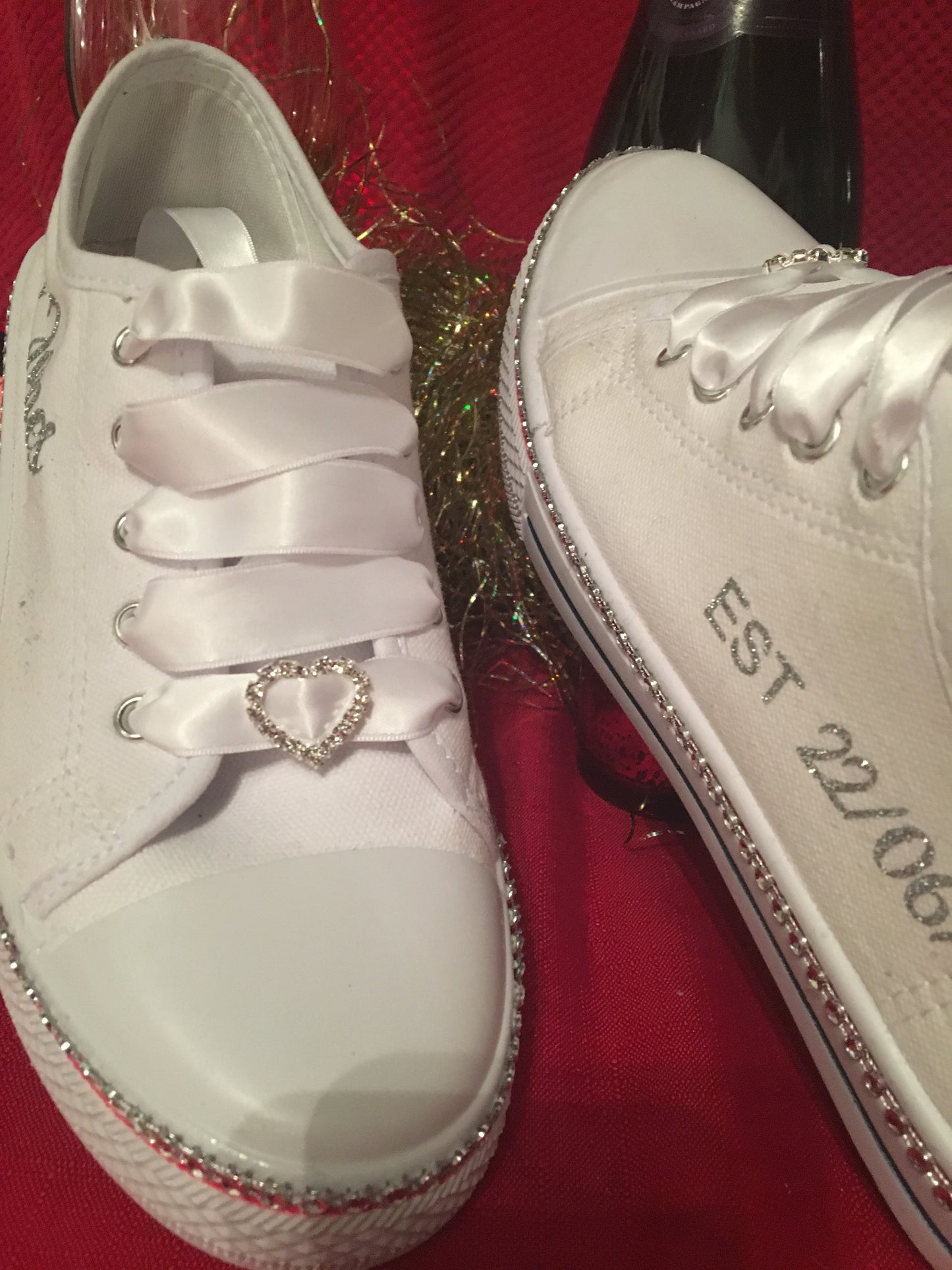 Personalised Silver Glitter Rhinestone diamante canvas wedding shoes/pumps