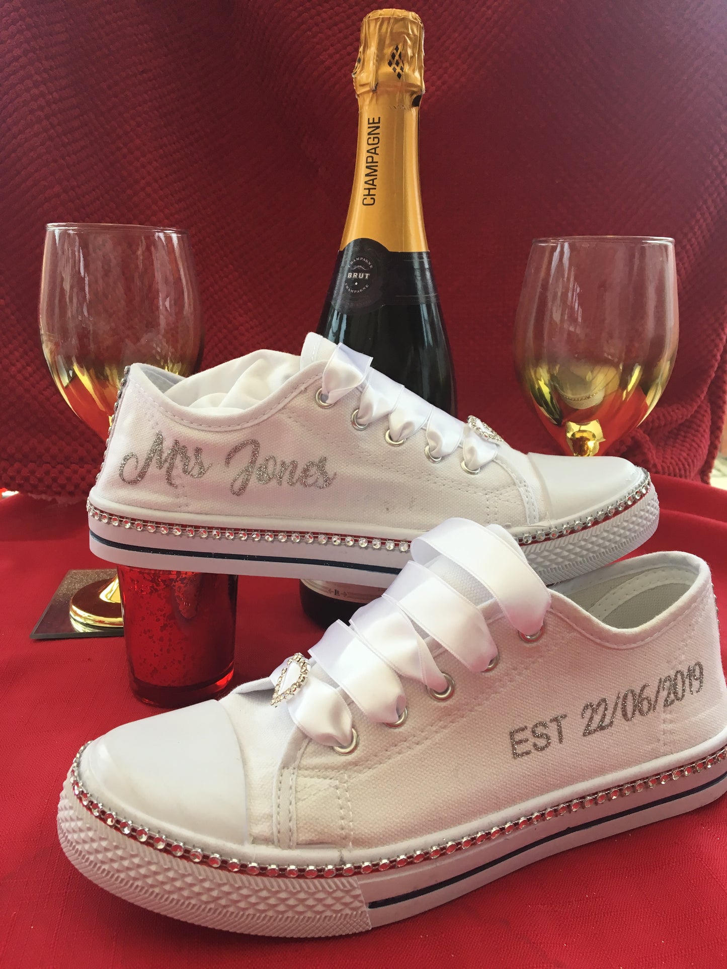 Personalised Silver Glitter Rhinestone diamante canvas wedding shoes/pumps