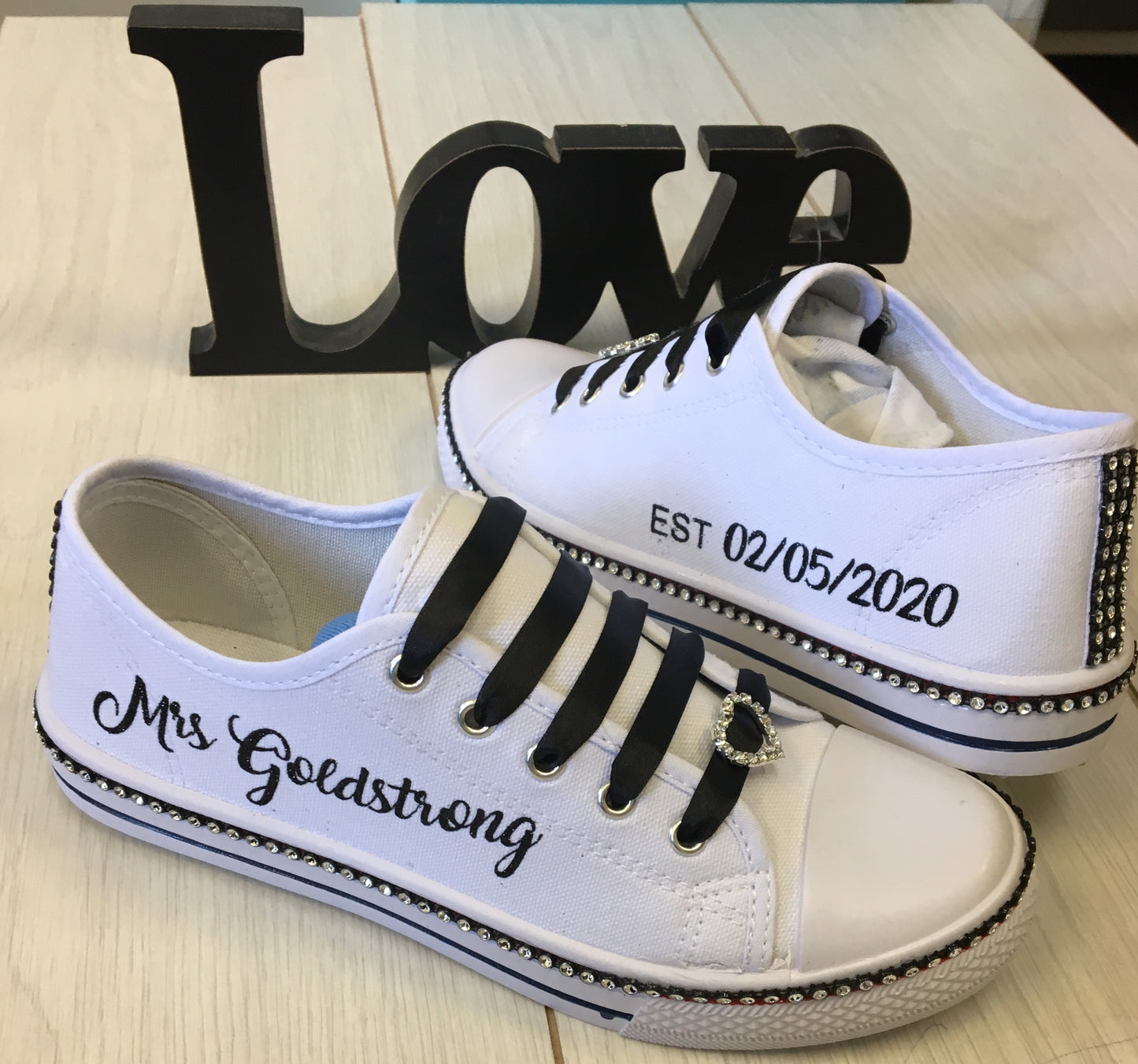 Personalised Glitter and Rhinestone canvas wedding shoes/pumps for black/silver themes