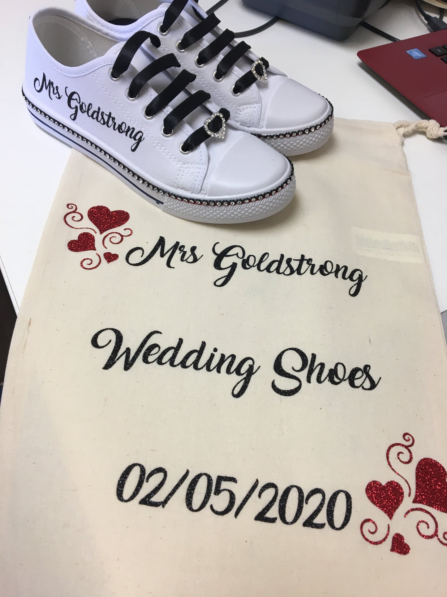 Personalised Glitter and Rhinestone canvas wedding shoes/pumps for black/silver themes