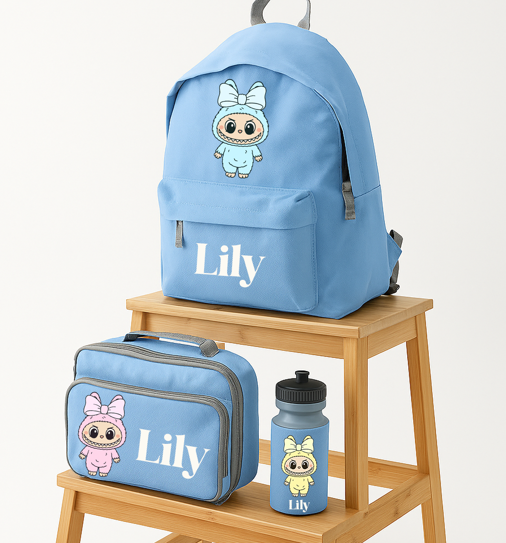 Back to School Labubu Style - Backpack Lunch Box Water Bottle - Sky Blue Set