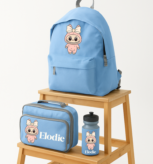 Back to School Labubu Style - Backpack Lunch Box Water Bottle - Sky Blue Set