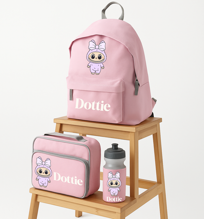 Back to School Labubu Style - Backpack Lunch Box Water Bottle - Baby Pink Set