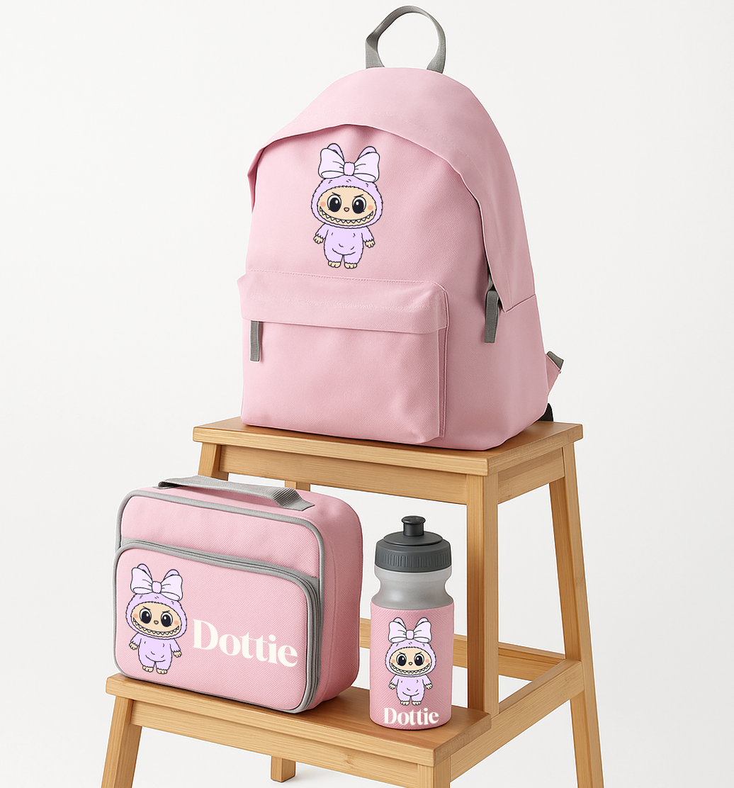 Back to School Labubu Style - Backpack Lunch Box Water Bottle - Baby Pink Set