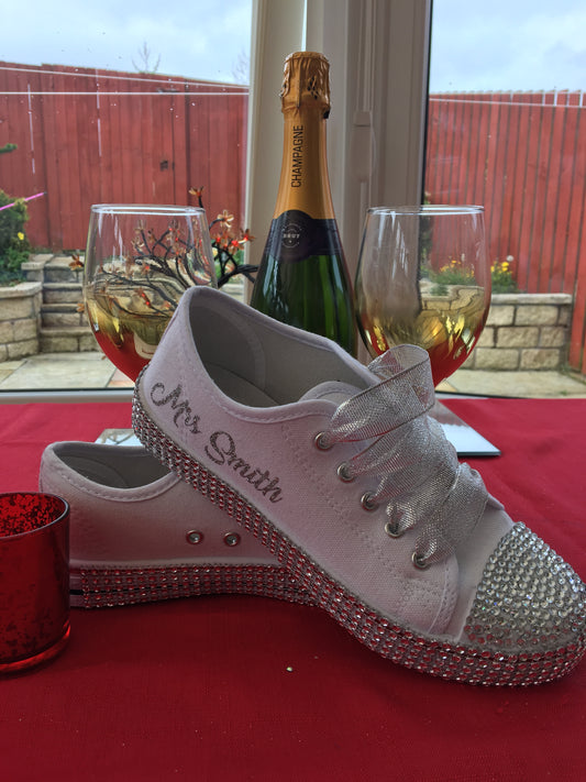 Personalised  Glitter and Rhinestone BLING  canvas wedding shoes/pumps