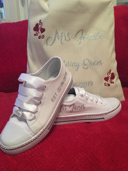 Personalised Silver Glitter Rhinestone diamante canvas wedding shoes/pumps